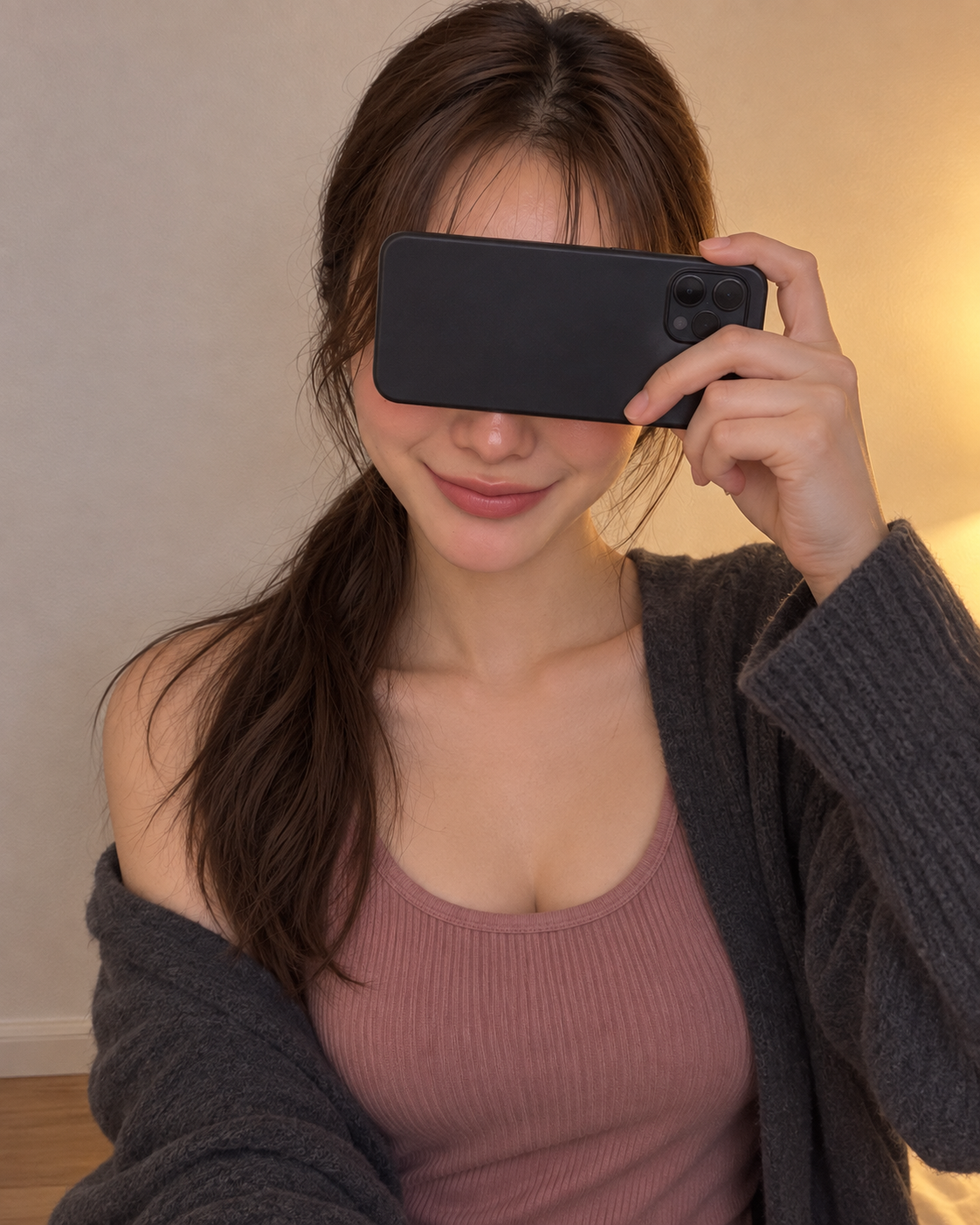 夜の白い壁の部屋でスマートフォンで目元を隠したりお